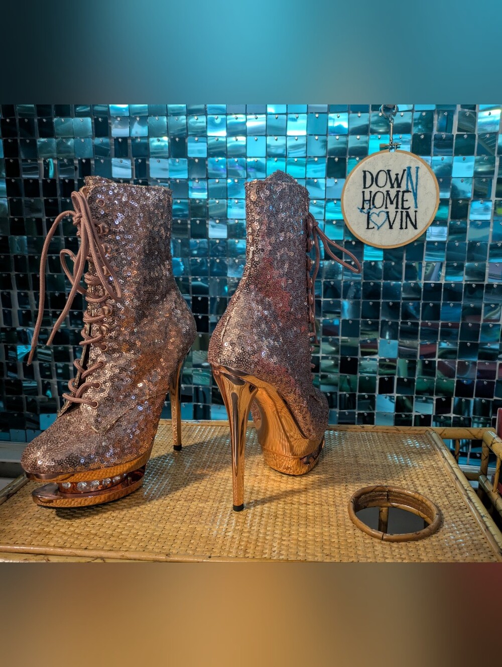 Rose Gold Sequin Boots 6" Heel